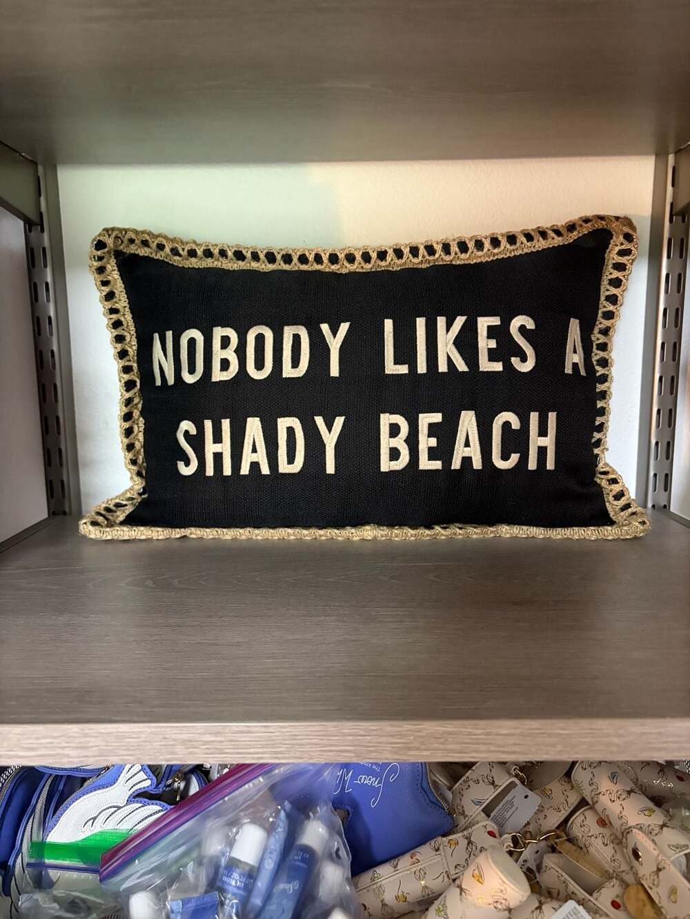 Nobody Likes A Shady Beach Black and Tan Jute Trim Lumbar Pillow